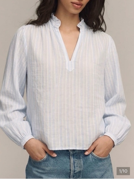Madewell Tops - Madewell Ruffled Popover 100% Cotton Blue Stripe Blouse Shirt Size M